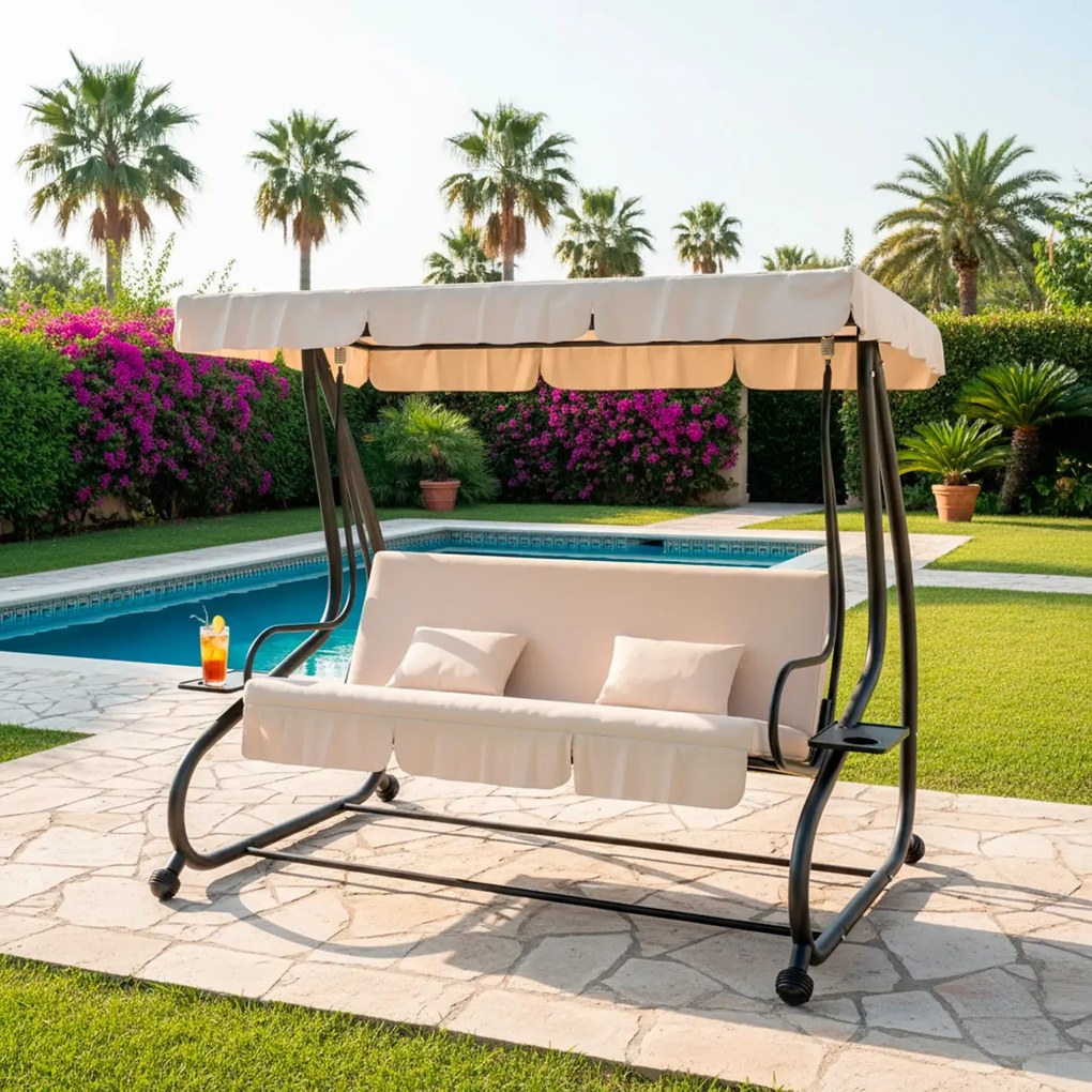 Dondolo 3 Posti Reclinabile Porto Tettuccio Parasole Regolabile Cuscini Imbottiti Diventa Letto Struttura Robusta In Acciaio Verniciato Giardino Esterno Balcone Terrazzo 200 x 120 x 160 cm Beige