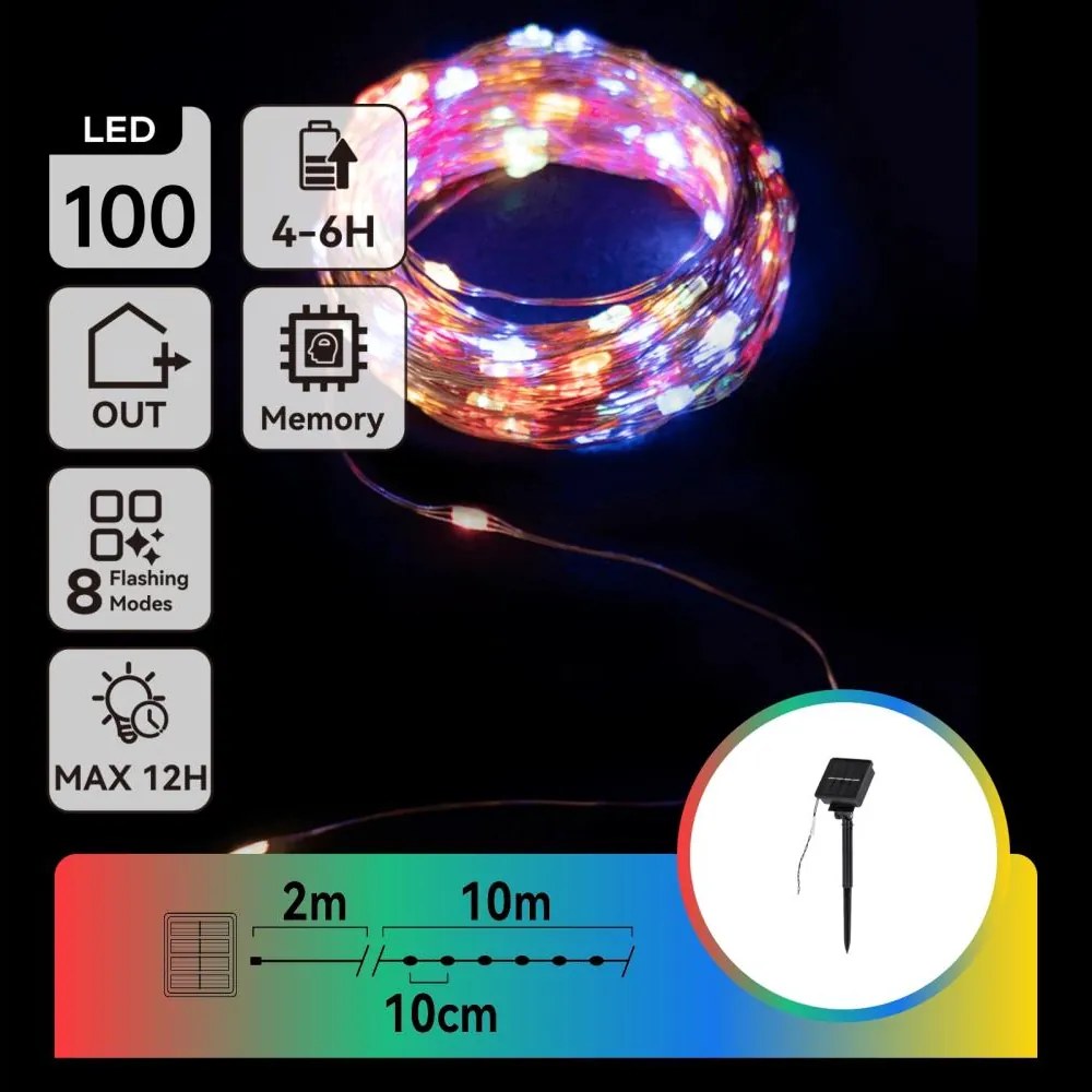 Aigostar - Catena luminosa solare a LED, 100 LED, 8 funzioni, 12 m, IP65, multicolore