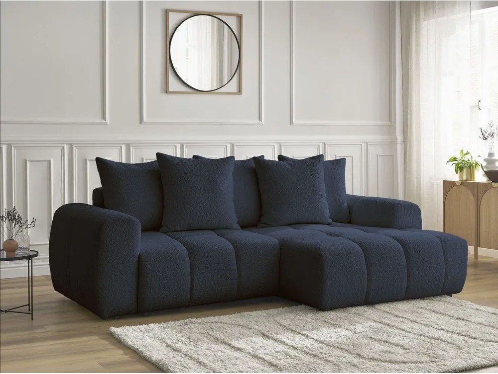 Divano angolare blu allungabile/con contenitore (con penisola a destra/con chaise lounge) con rivestimento in bouclé Roxelane – Bobochic Paris