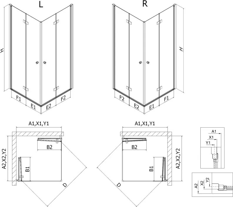 Mexen Mist-F Duo cabina doccia pieghevole 90 x 90 cm, trasparente, oro spazzolato - 8A6-090L-090P-55-00