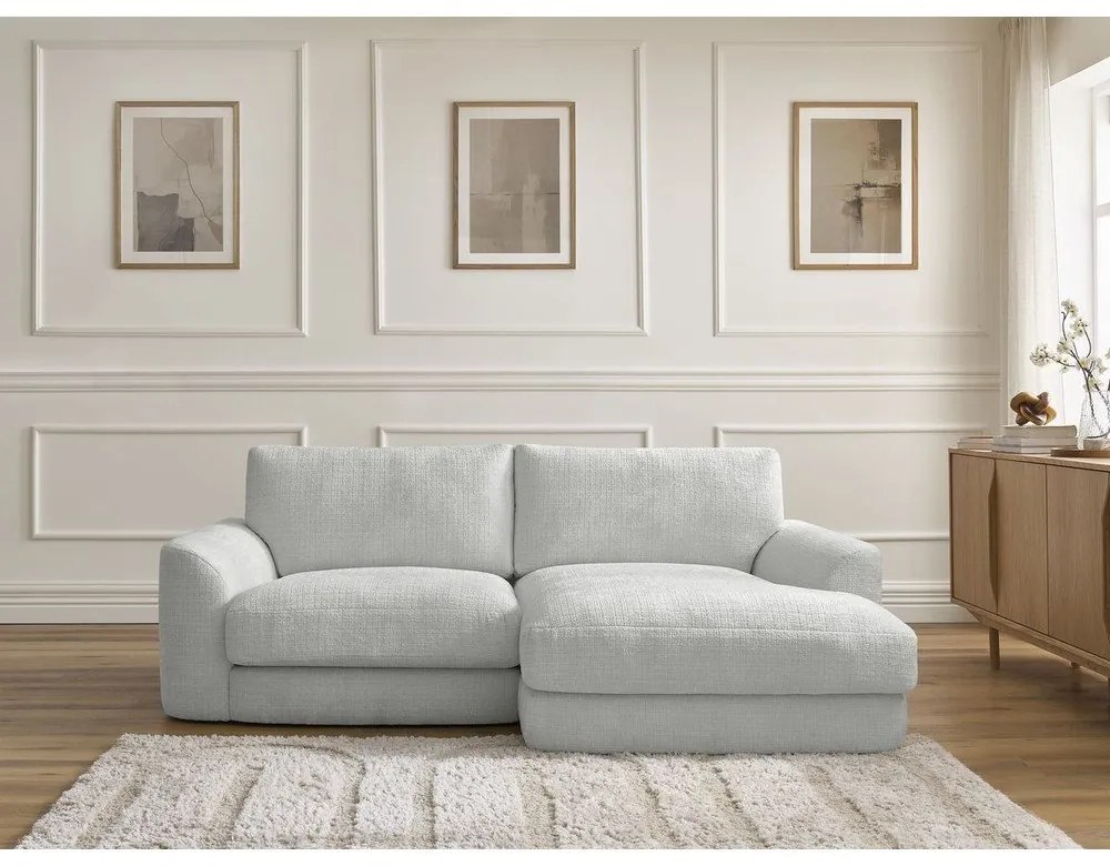 Divano angolare grigio chiaro (con penisola a destra/con chaise lounge) con rivestimento in ciniglia Leonore – Bobochic Paris