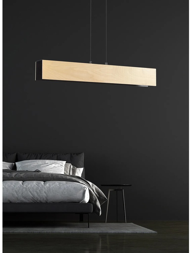 Lampadario 3 Luci Merlino In Acciaio Nero Corpo Rettangolare E Legno Naturale