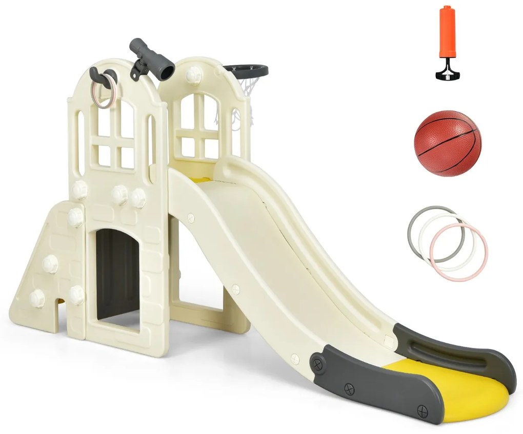 Costway Scivolo grande per bambini 6 in 1 con canestro palla lancio dell'anello e cannocchiale, Set da gioco Giallo