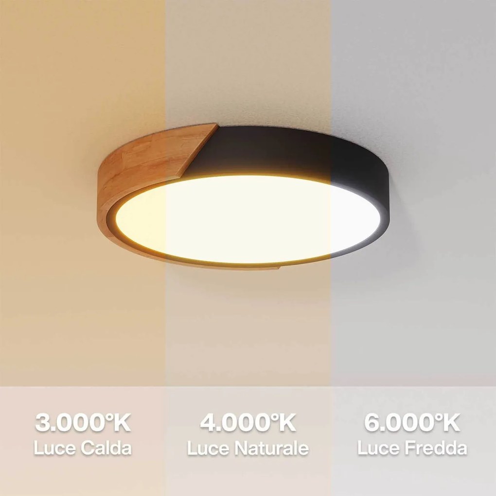 Plafoniera LED Rotonda 18W CCT Ø300mm Legno/Nero