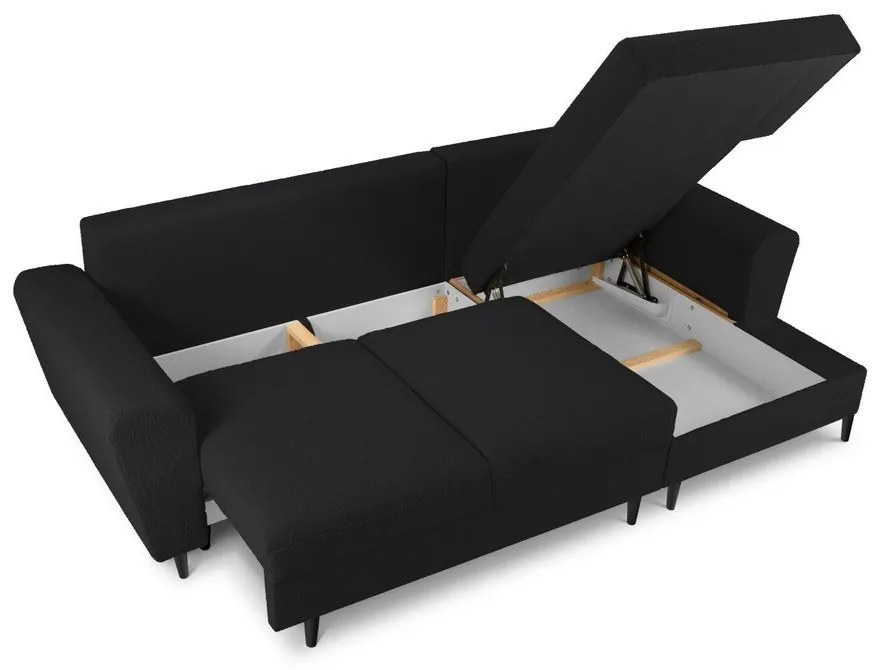 Divano angolare nero allungabile e con contenitore (con penisola a destra/con chaise lounge) con rivestimento in bouclé Kyoto – Cosmopolitan Design