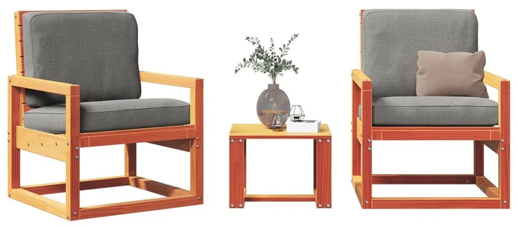 Set Salotto Da Giardino 3 Pz Marrone Cera Legno Massello Pino /