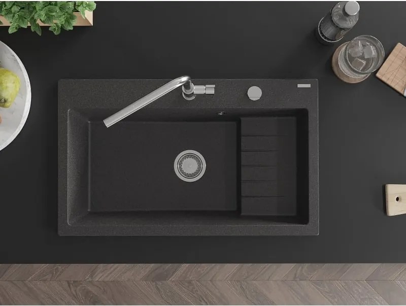 Mexen Omar lavello in granito 1-vasca 800 x 480 mm, nero maculato, sifone cromato - 6520801005-76