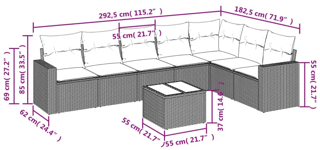 Set Divano da Giardino 8 pz con Cuscini Beige in Polyrattan