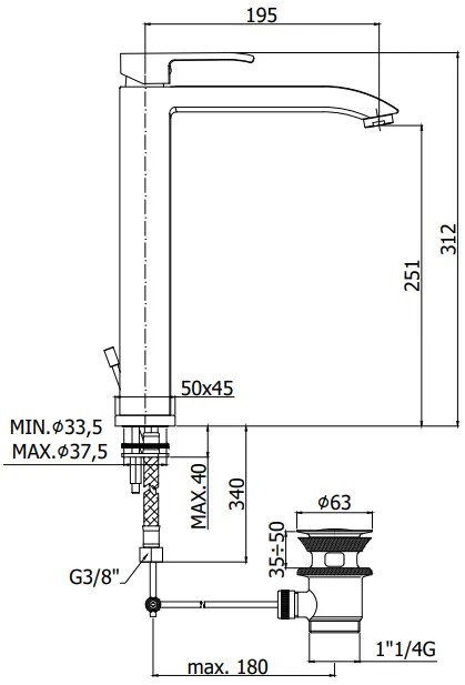 Paffoni Level Les085st Miscelatore Lavabo alto Prolungato Con Piletta e scarico automatico Steel Acciaio