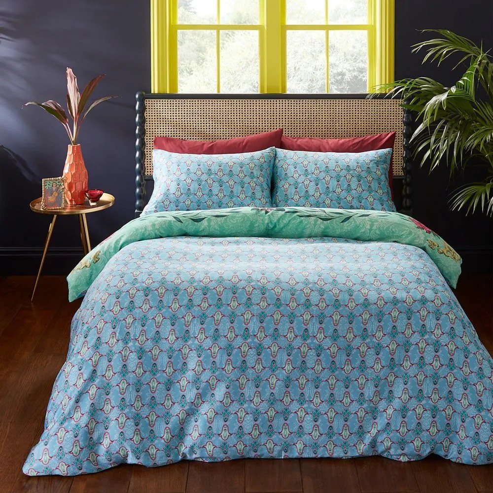 Set copripiumino e federa verde e blu in raso di cotone per letto matrimoniale 200x200 cm Paradise Parrot – Matthew Williamson