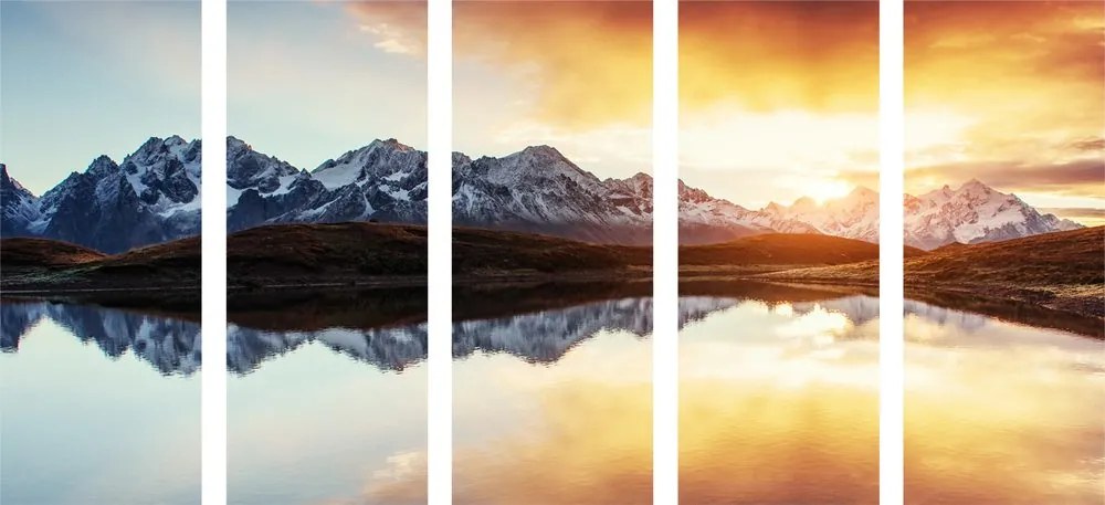 Quadri 5 pezzi – Tramonto abbagliante sul lago di montagna