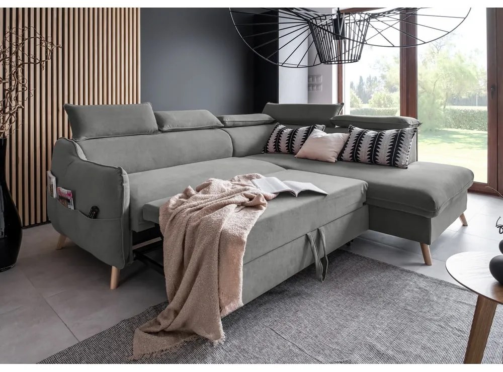 Divano letto angolare in velluto grigio chiaro (angolo destro) Sweet Harmony - Miuform