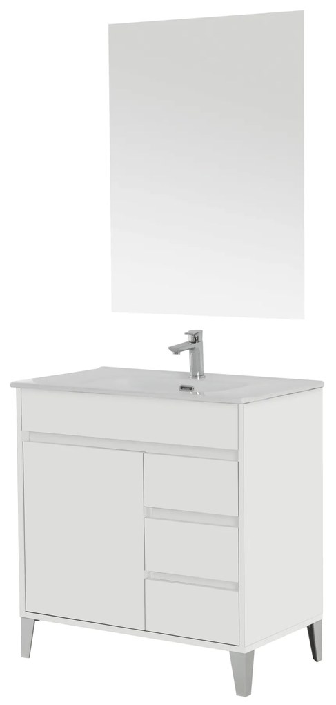 Mobile Bagno a Terra 80 Cm Un'Anta Tre Cassetti Specchio 90x70 Cm Feridras "Mondo 2.0" Bianco Opaco/Bianco Lucido