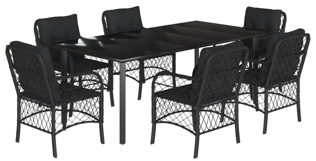 Set da pranzo da giardino 7 pz nero con cuscini in polyrattan