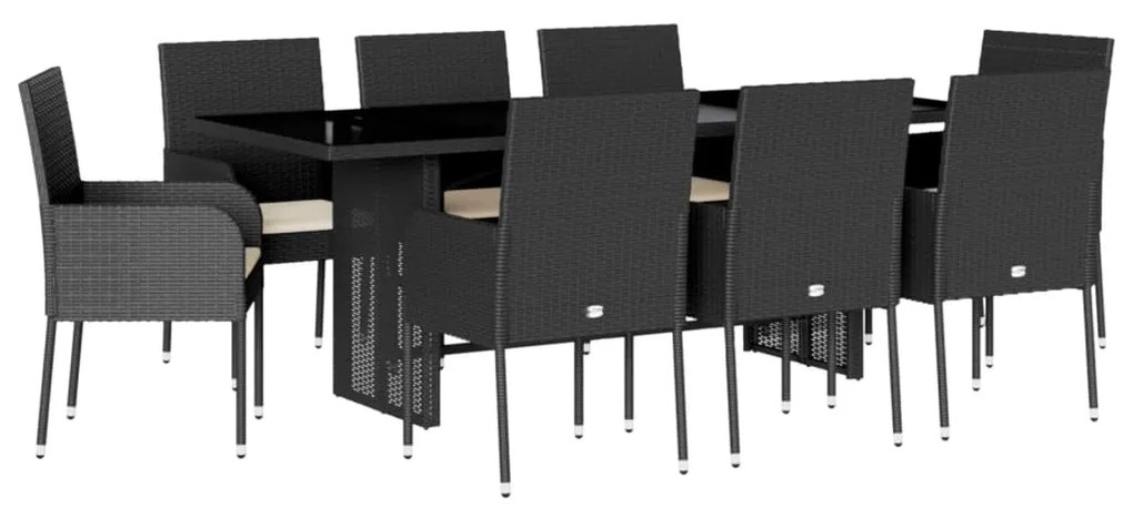 Set da pranzo da giardino 9 pz con cuscini nero in polyrattan