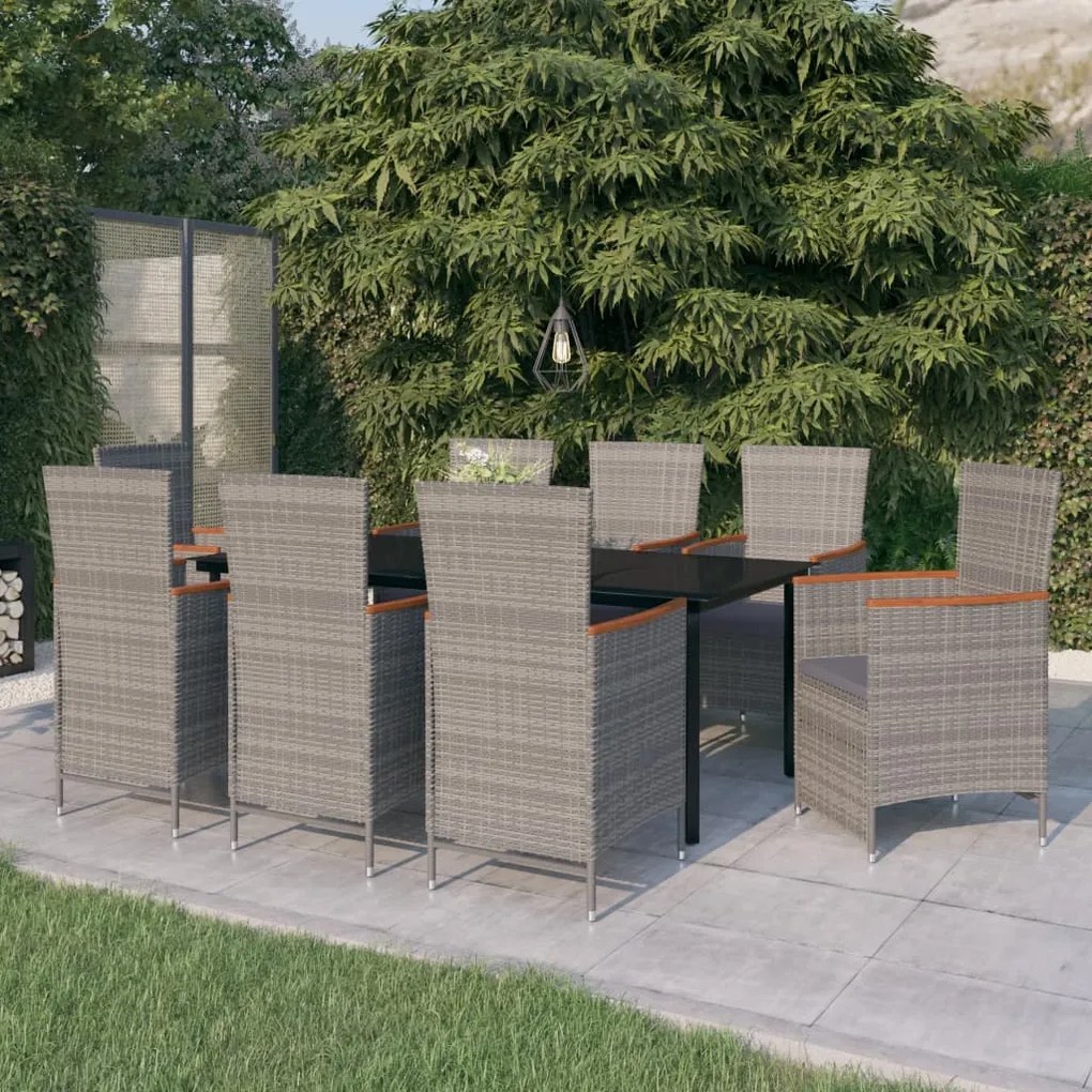 Set mobili da pranzo da giardino 9 pz con cuscini grigio