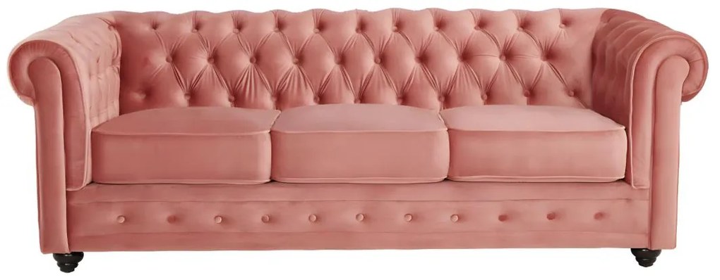 Divano CHESTERFIELD 3 posti e 2 poltrone in velluto Rosa cipria