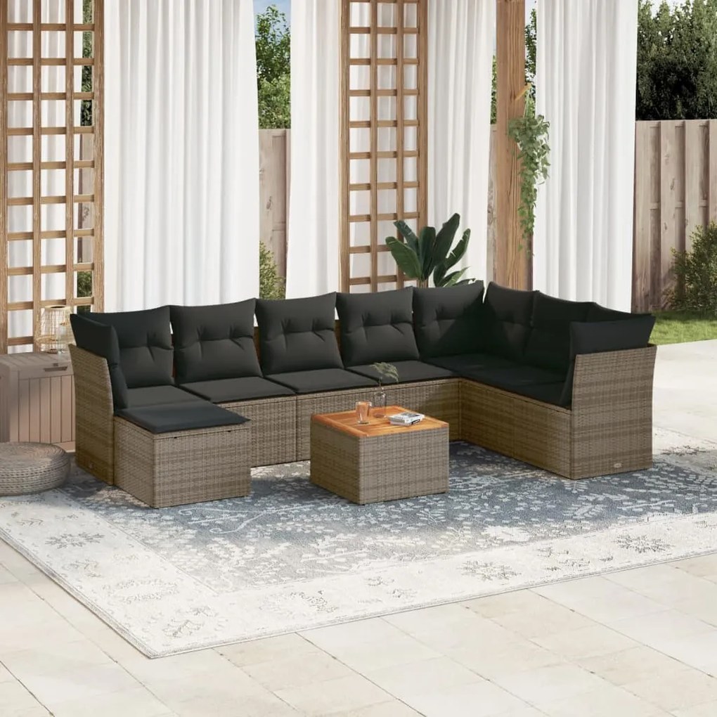 Set Divano da Giardino 9 pz con Cuscini Grigio in Polyrattan