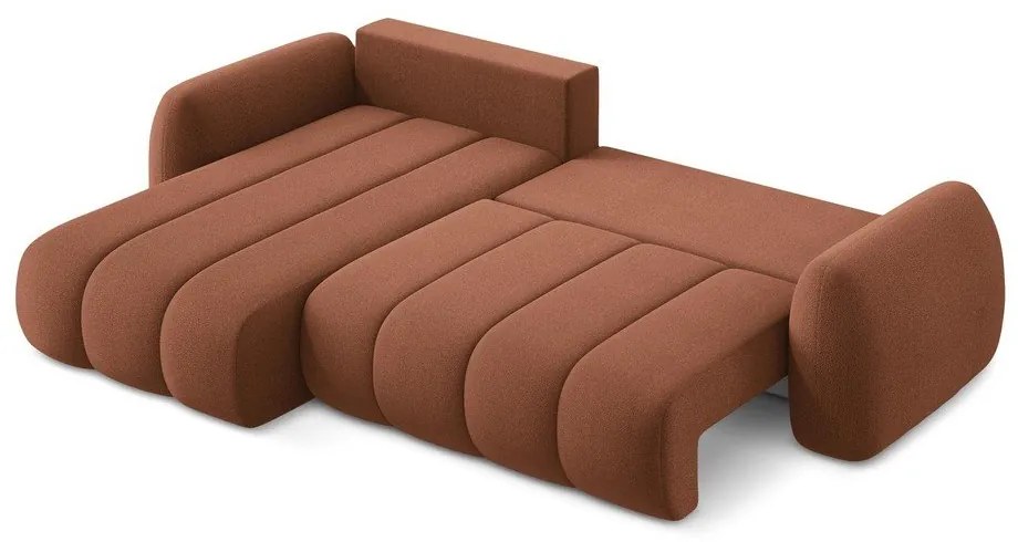 Divano angolare color terracotta allungabile/con contenitore (con penisola a sinistra/con chaise lounge) con rivestimento in bouclé Pele – Makamii