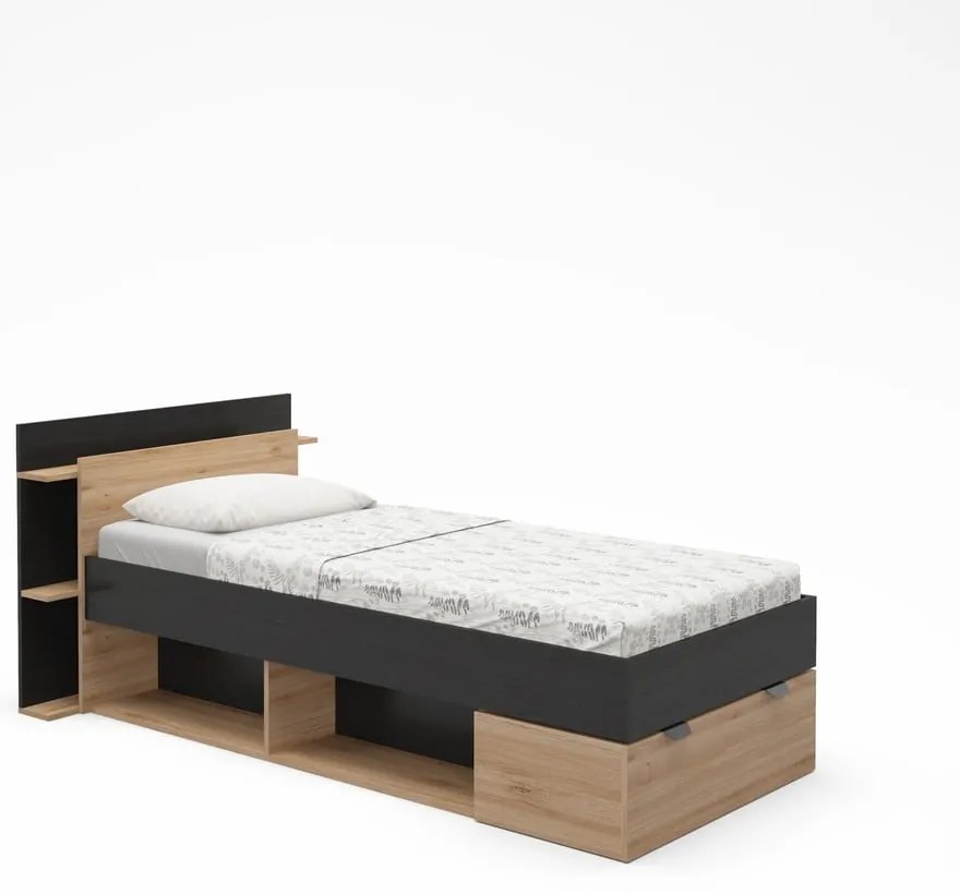 Letto singolo effetto rovere con contenitore senza griglia in colore nero-naturale 90x200 cm Albo - Marckeric