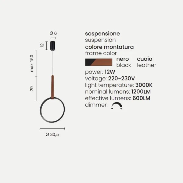 Lampada a sospensione Led REGOLI in metallo D30 cm con elemento in ecopelle CIRCLE