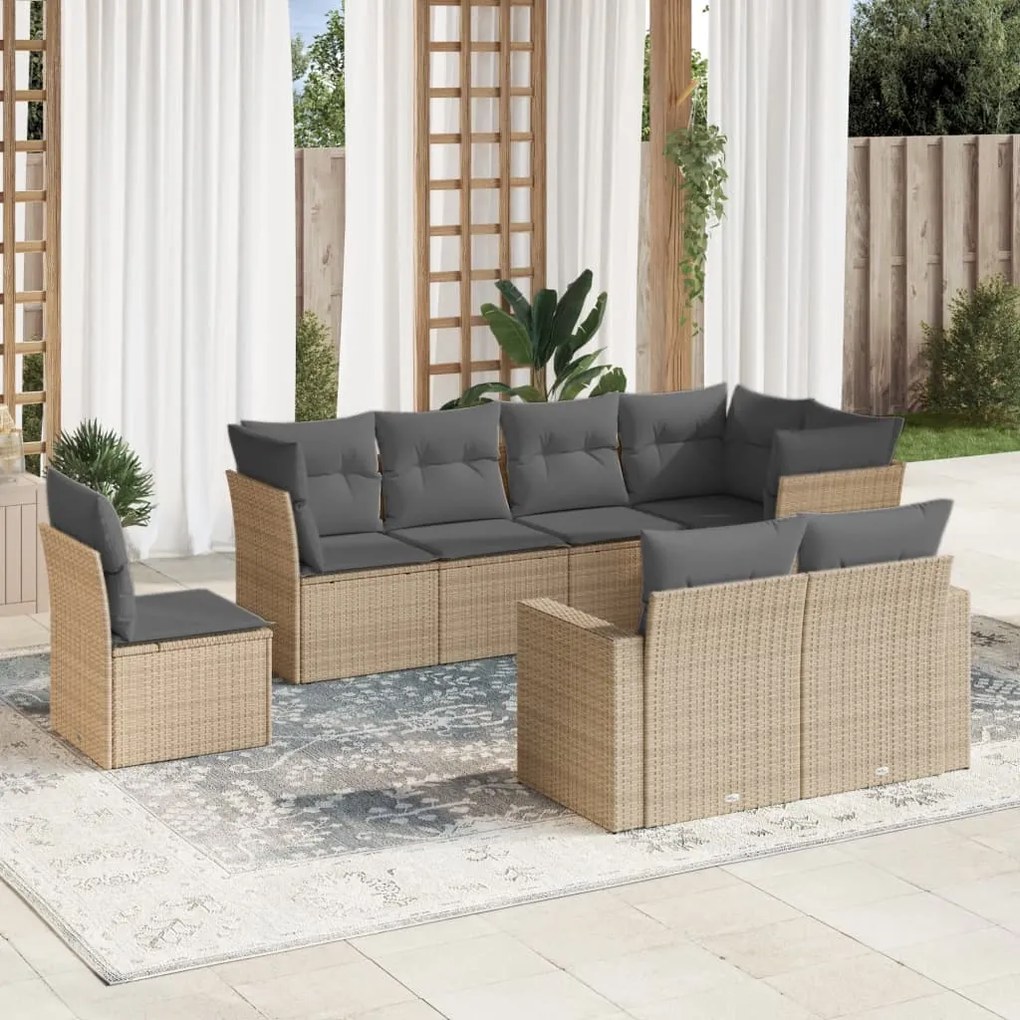 Set divano da giardino 8 pz con cuscini beige in polyrattan