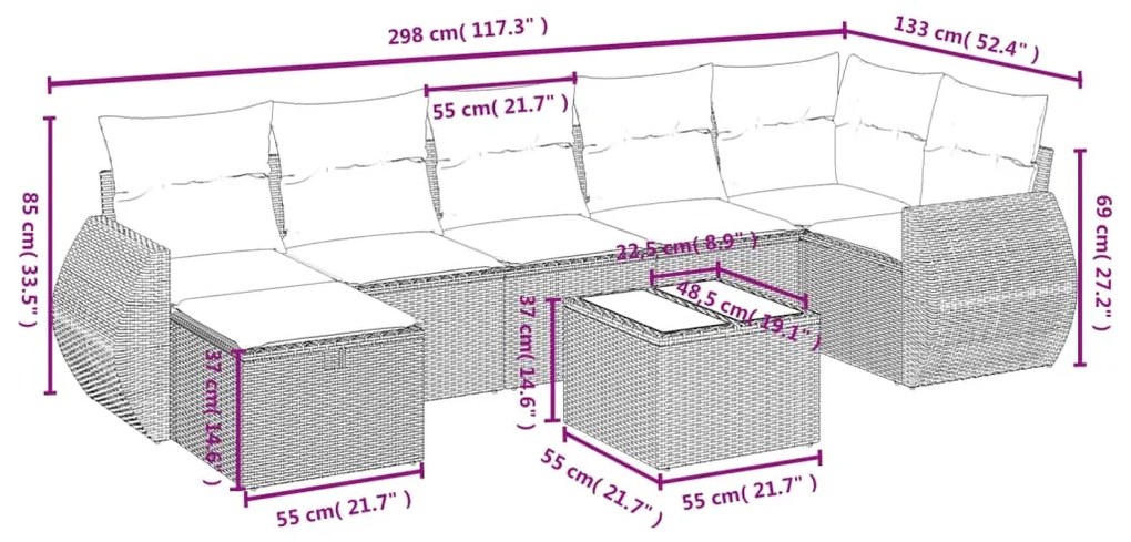 Set divano da giardino 8 pz con cuscini beige in polyrattan