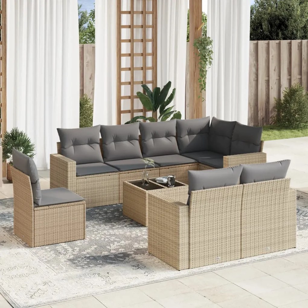 Set divano da giardino 9 pz con cuscini beige in polyrattan