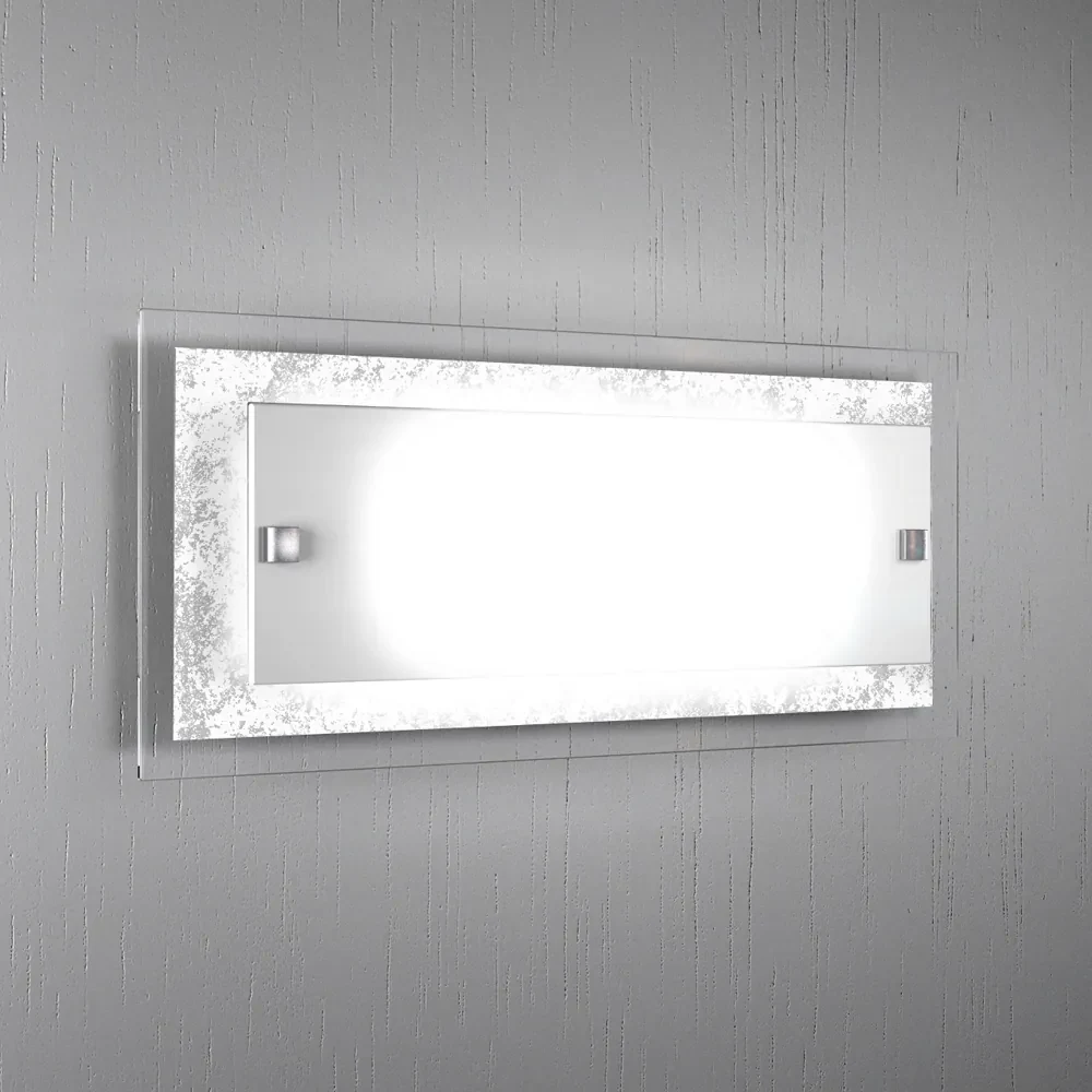 Applique Moderna Tray Metallo Bianco Vetro Foglia Argento 2 Luci E27