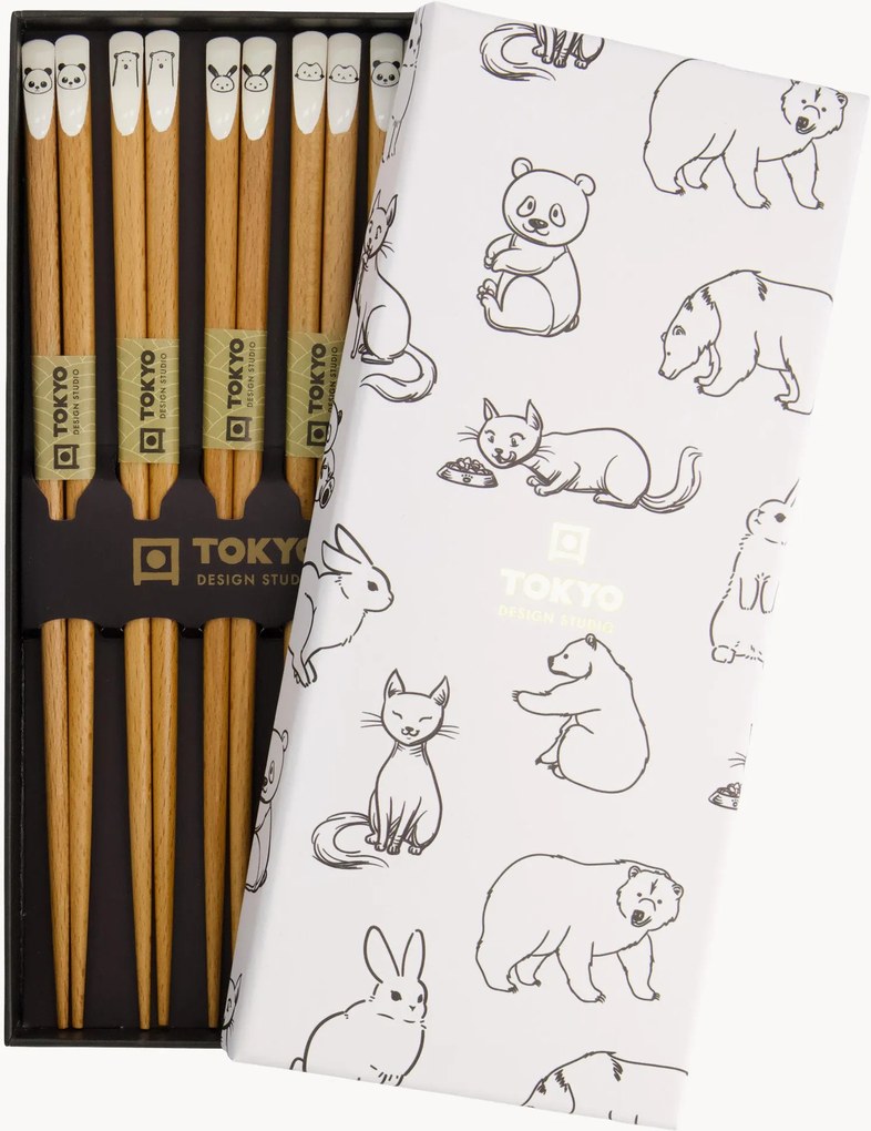 Set di 5 paia di bacchette in legno Animals