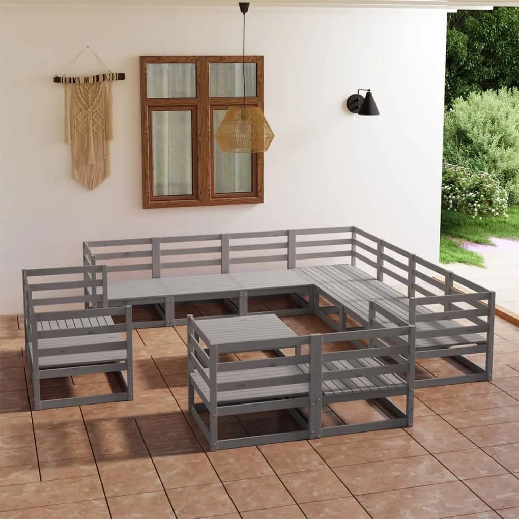 Set divani da giardino 12 pz grigio in legno massello di pino