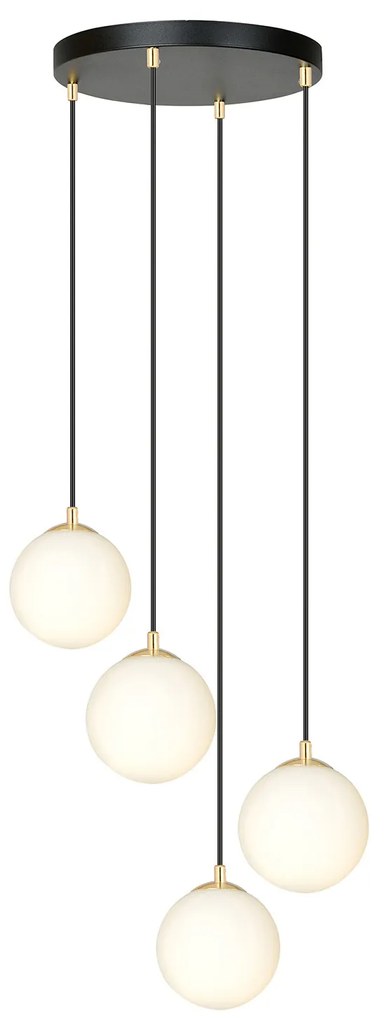 Sospensione Contemporanea Nuada 4 Luci In Acciaio Nero/Oro Sfere Vetro Bianco