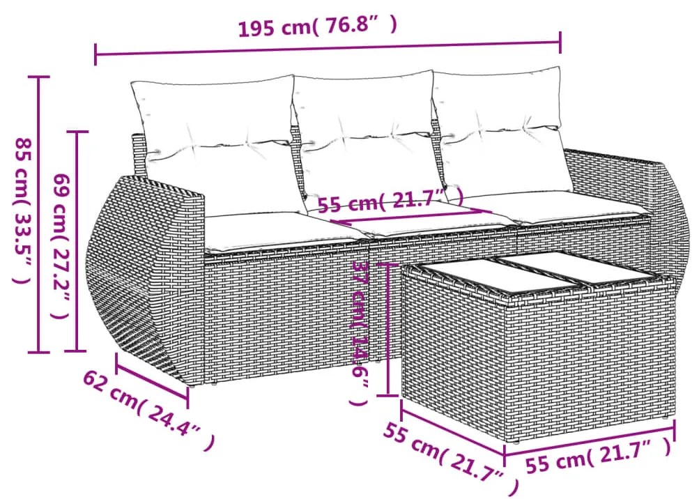 Set divano da giardino 4pz con cuscini grigio chiaro polyrattan