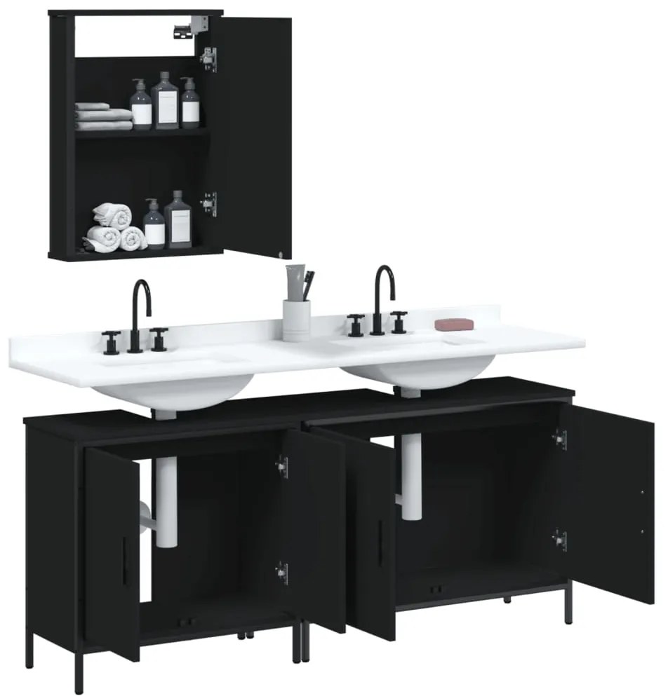 Set mobili da bagno 3 pz nero in legno multistrato