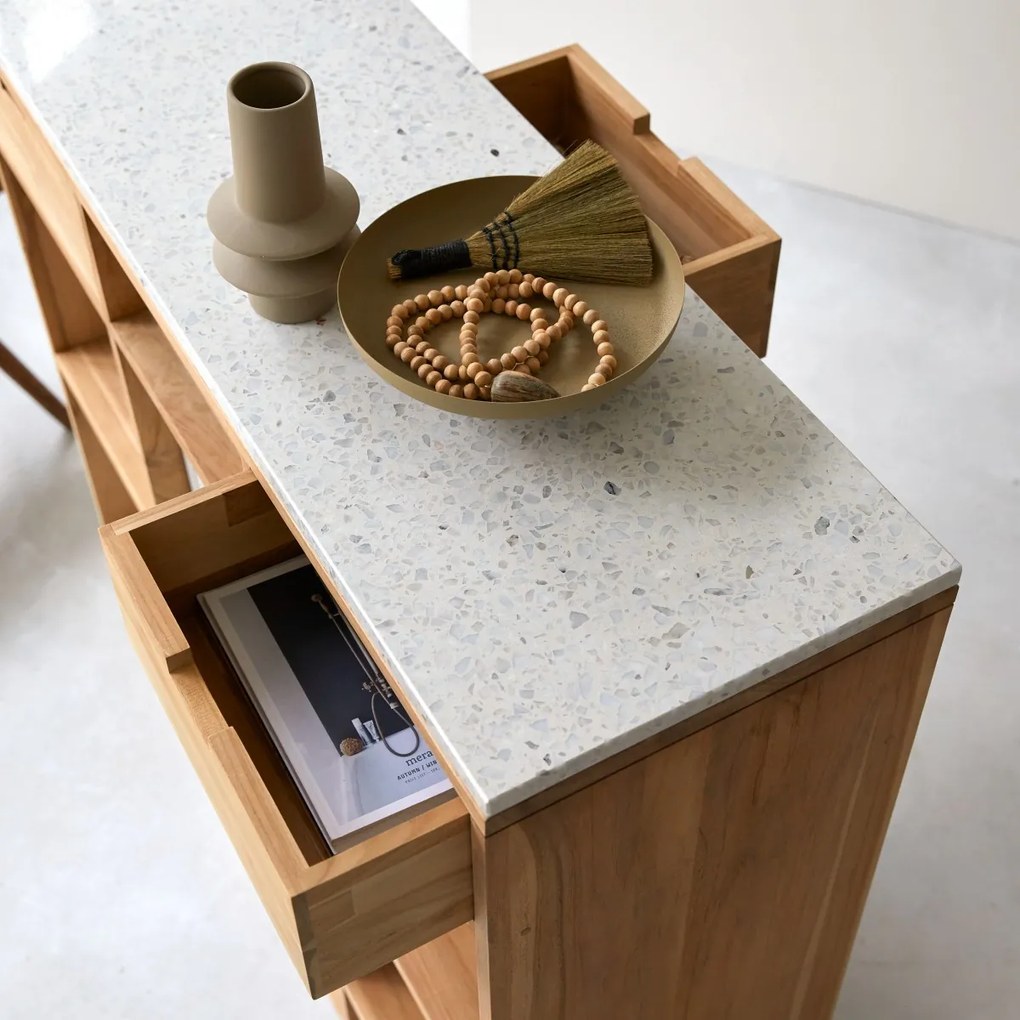 Tikamoon - Consolle in legno di teak massello e terrazzo premium White Miho