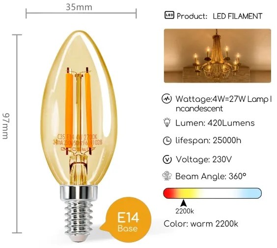 Lampadina LED C35 E14/4W/230V 2200K - Aigostar