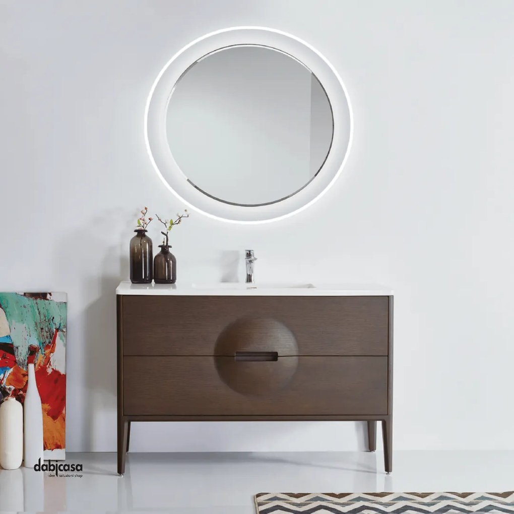 Mobile Bagno A Terra "Sphere" Da 120 Cm Composto Da Due Cassetti Lavabo E Specchio Finitura Noce