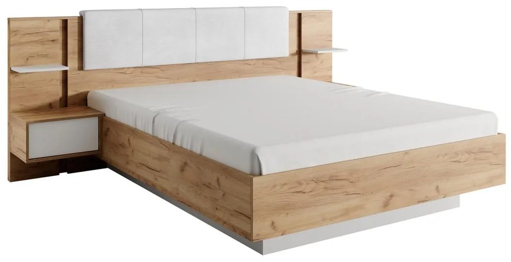 Letto con contenitore con comodini Con LED 160 x 200 cm Naturale e Bianco - ELYNIA