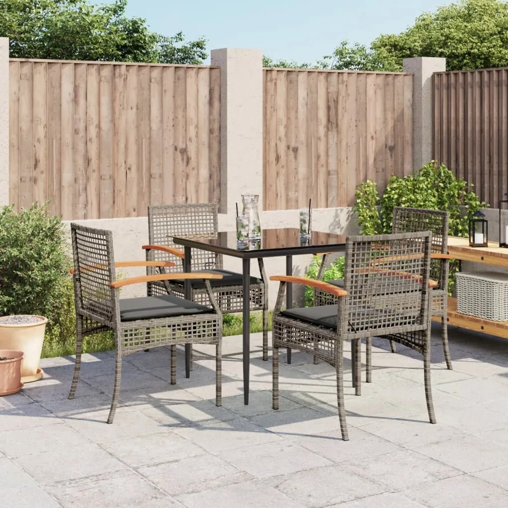 Set da pranzo da giardino 5 pz con cuscini in polyrattan grigio