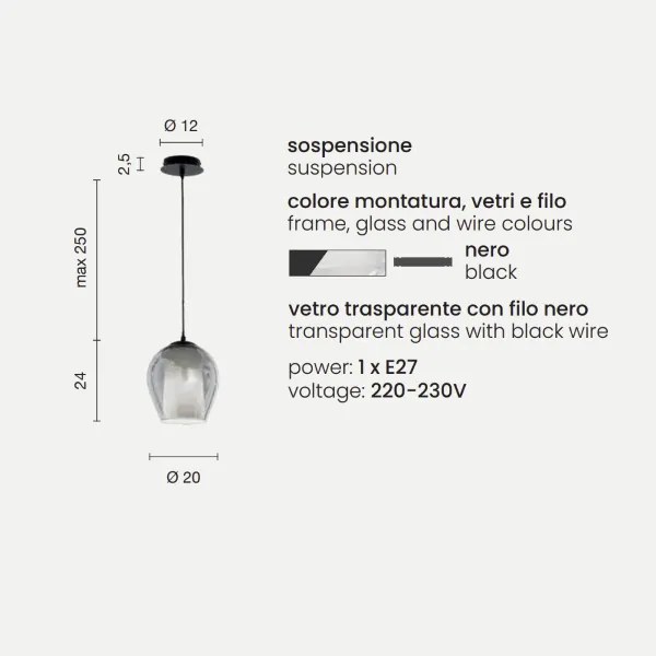 Lampada sospensione D20 cm - vetro soffiato Trasparente BONNIE MOD1