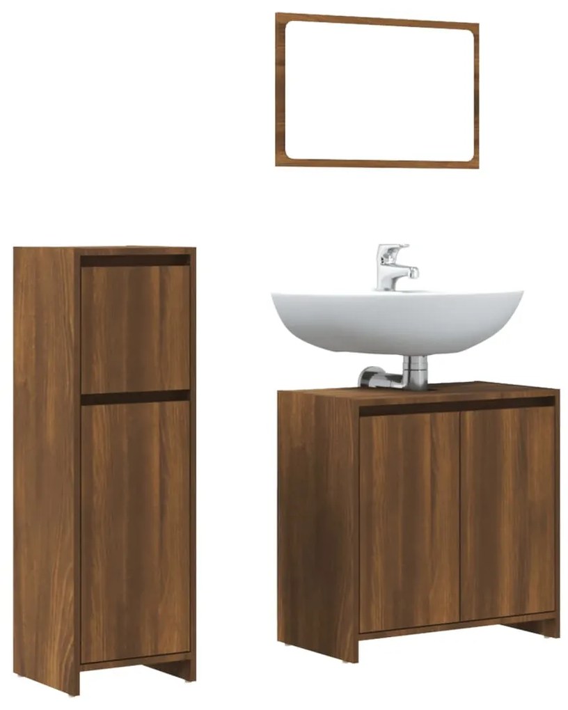 Set mobili da bagno 3 pz rovere marrone in legno multistrato