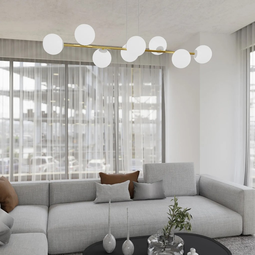 Sospensione Contemporanea Rhiannon 8 Luci In Acciaio Bianco E Oro E Vetro Bianco