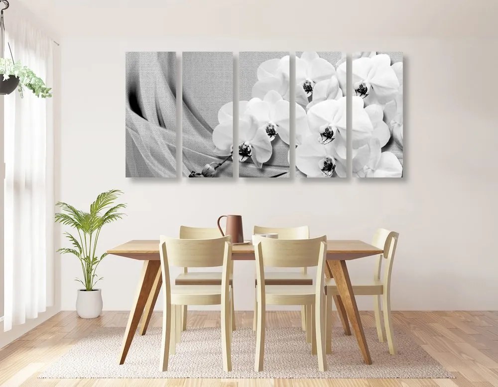 Quadri 5 pezzi – Orchidea su tela in bianco e nero
