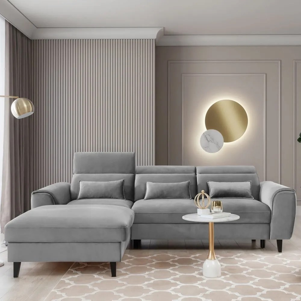 Divano angolare grigio allungabile/con contenitore (con penisola a sinistra/con chaise lounge) e rivestimento in velluto Foble – ELTAP