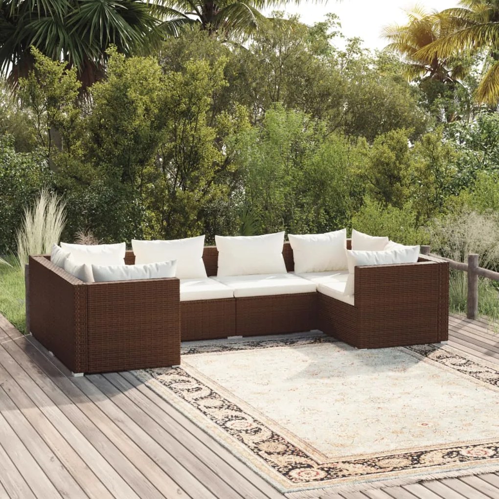 Set Divani da Giardino 6 pz con Cuscini in Polyrattan Marrone