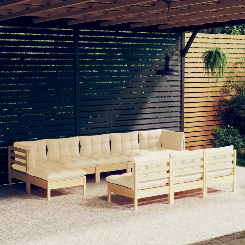 Set divani da giardino 10 pz con cuscini crema massello di pino
