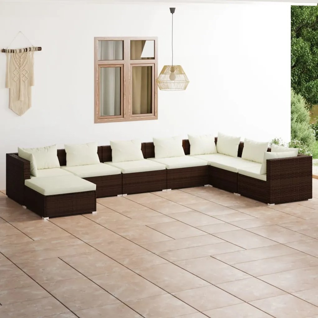 Set divani da giardino 8 pz con cuscini in polyrattan marrone