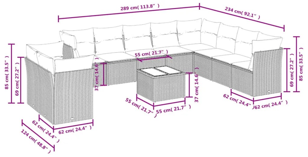 Set divani da giardino 11 pz con cuscini in polyrattan grigio