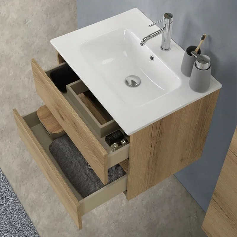 Mobile bagno sospeso 60cm in legno quercia naturale 2 cassettoni con lavabo e specchio Leda