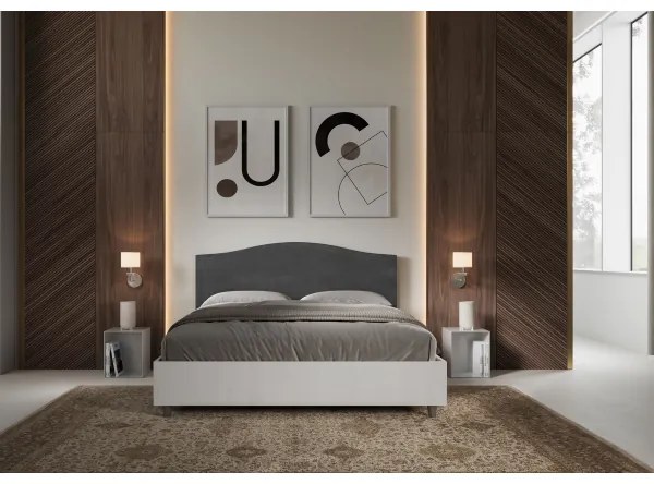 Letto contenitore da 160x190 in legno bianco e testata in microfibra grigio Grace